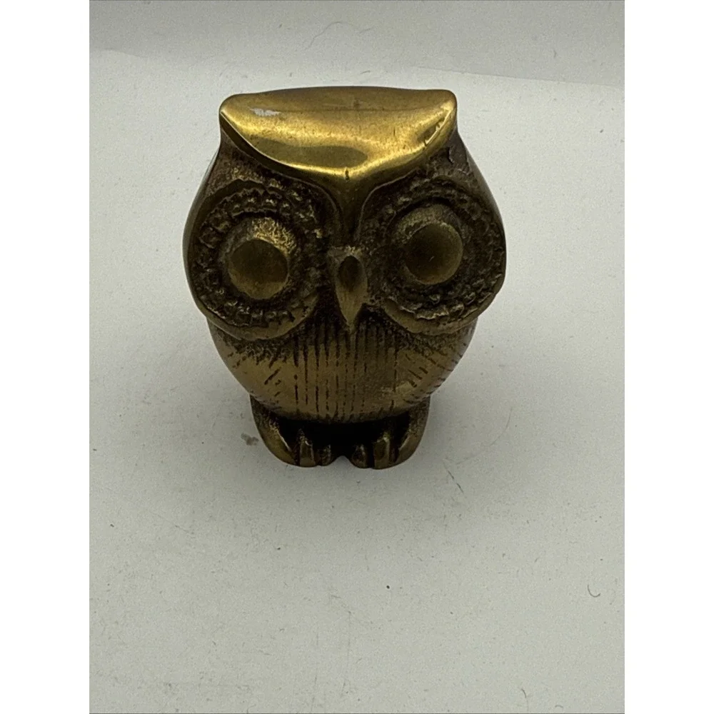 Solid Brass Owl Figurine Collectible MCM  Vintage Decor Paperweight Retro